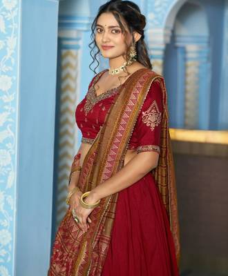 maroon silk blend embroidered traditional lehenga choli 3