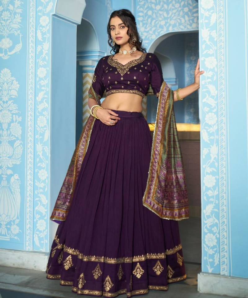 dark purple silk blend embroidered traditional lehenga choli
