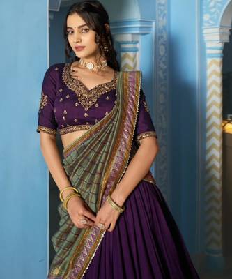 dark purple silk blend embroidered traditional lehenga choli 3