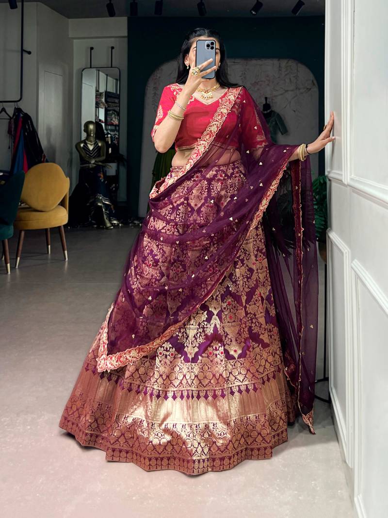 wine silk blend hand woven traditional lehenga choli