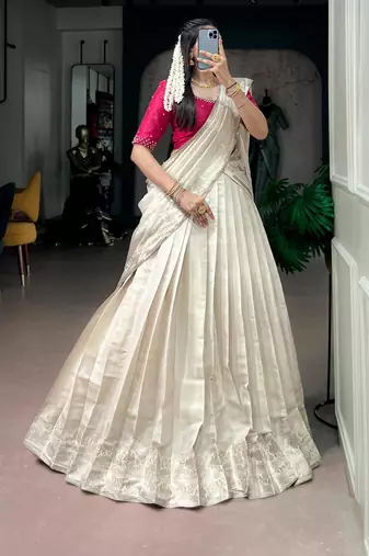off white silk blend hand woven traditional lehenga choli