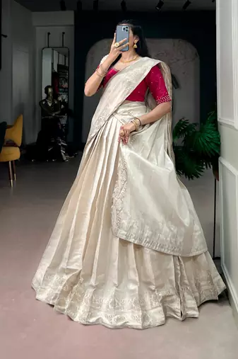 off white silk blend hand woven traditional lehenga choli