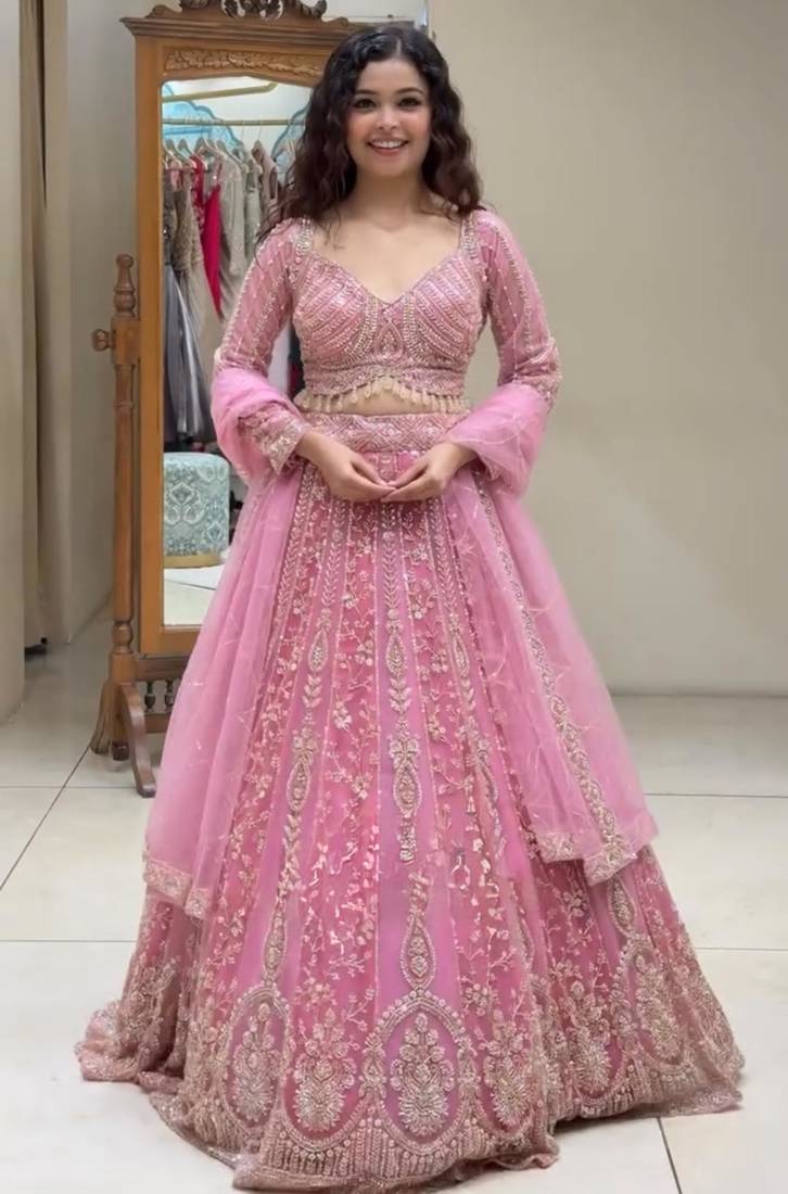 baby pink faux georgette embroidered traditional lehenga choli