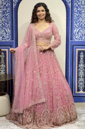 baby pink faux georgette embroidered traditional lehenga choli