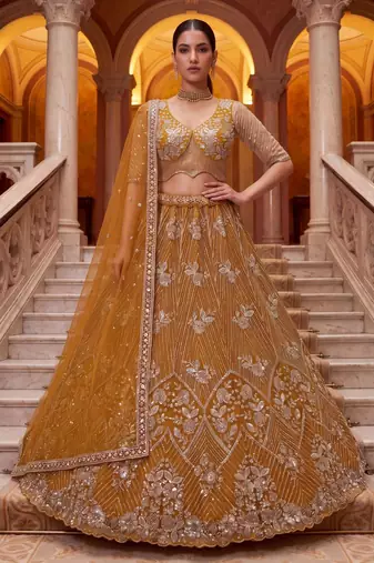 mustard net embroidered traditional lehenga choli