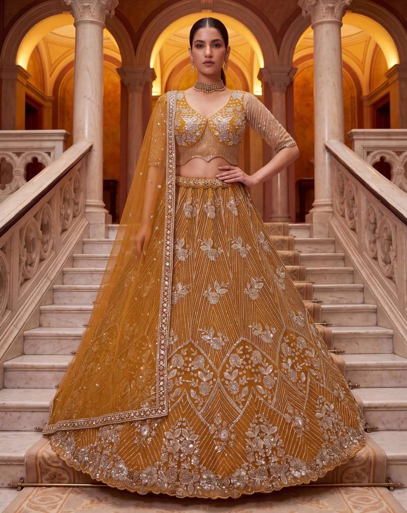 mustard net embroidered traditional lehenga choli
