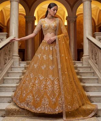 mustard net embroidered traditional lehenga choli 2