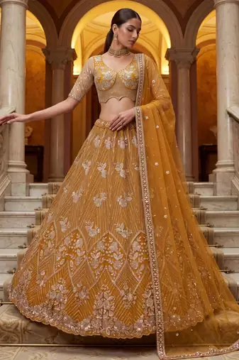 mustard net embroidered traditional lehenga choli