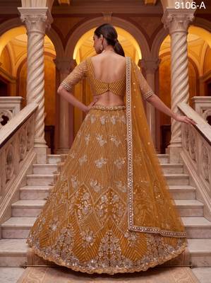 mustard net embroidered traditional lehenga choli 3