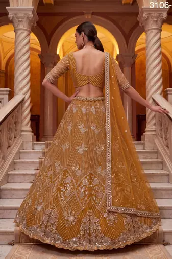 mustard net embroidered traditional lehenga choli