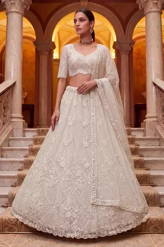 off white net embroidered traditional lehenga choli
