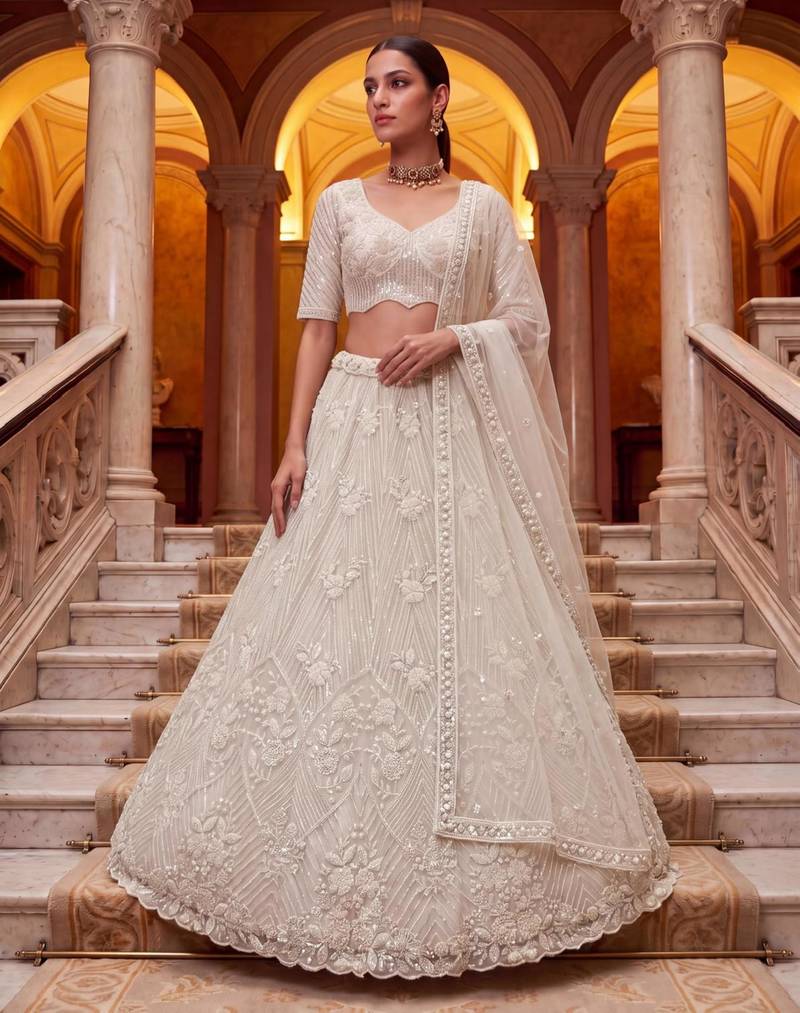 off white net embroidered traditional lehenga choli