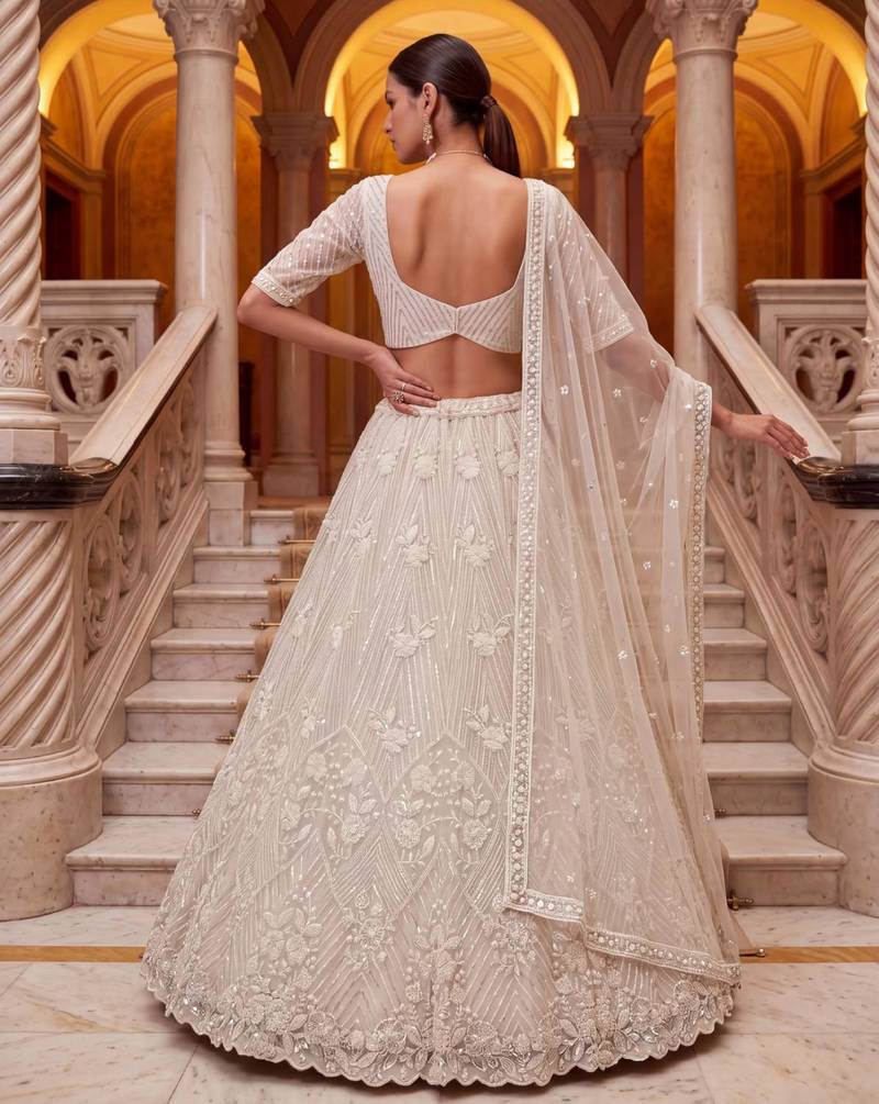 off white net embroidered traditional lehenga choli