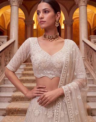 off white net embroidered traditional lehenga choli 4