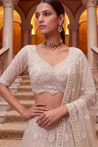 off white net embroidered traditional lehenga choli