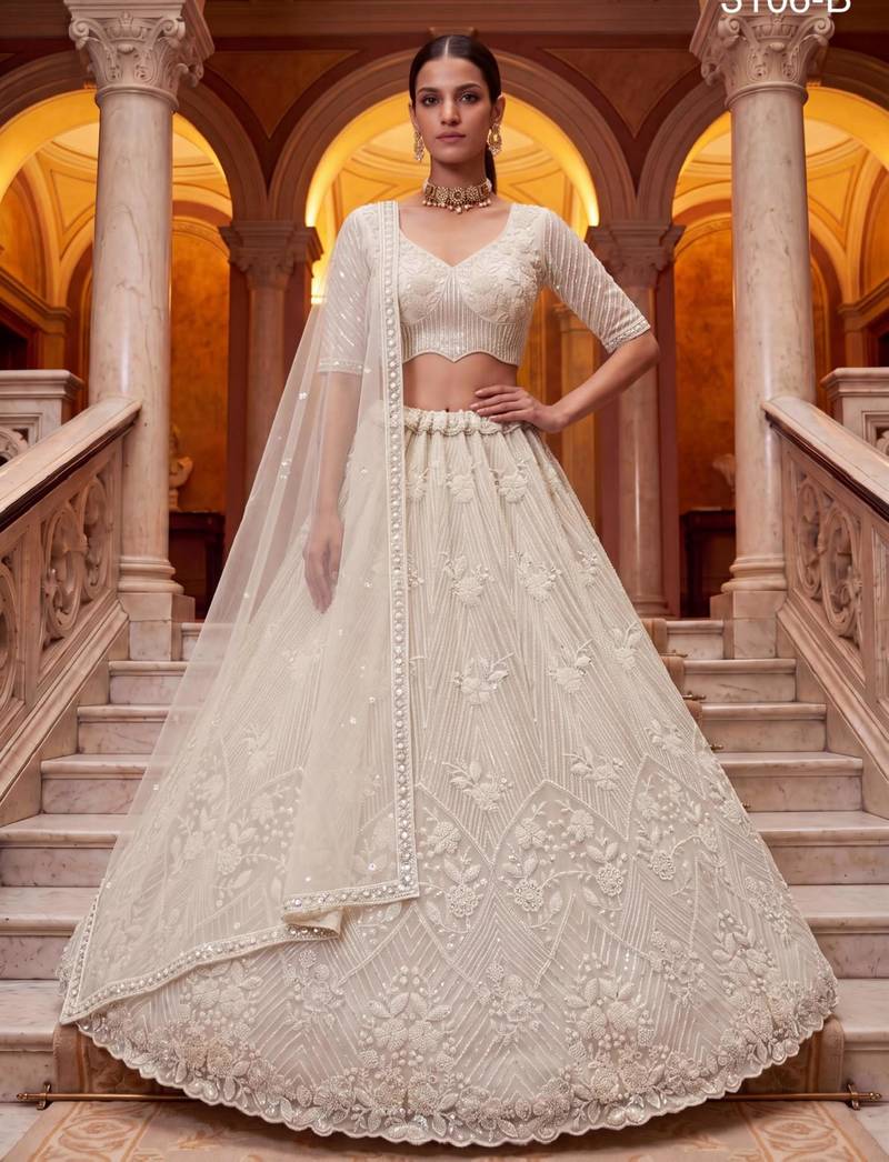 off white net embroidered traditional lehenga choli