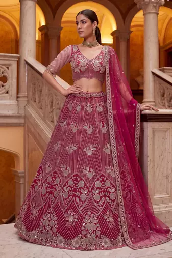 crimson net embroidered traditional lehenga choli