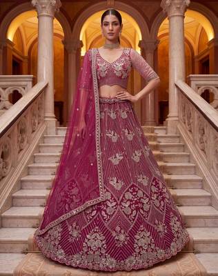 crimson net embroidered traditional lehenga choli 2
