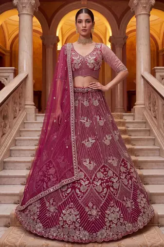 crimson net embroidered traditional lehenga choli