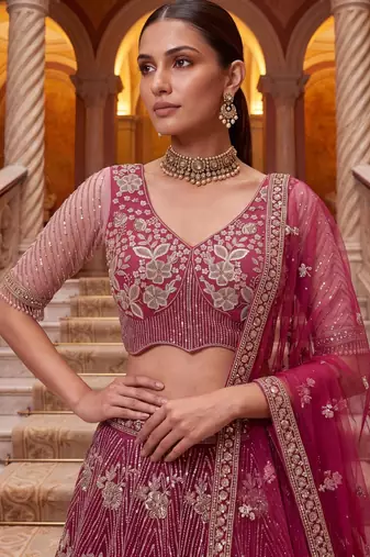crimson net embroidered traditional lehenga choli