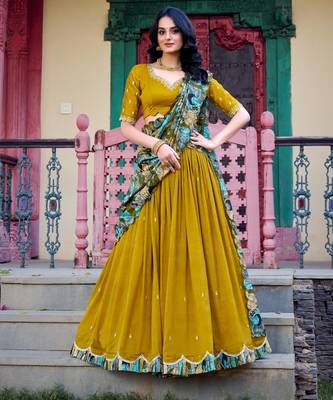 mustard silk blend embroidered traditional lehenga choli 2