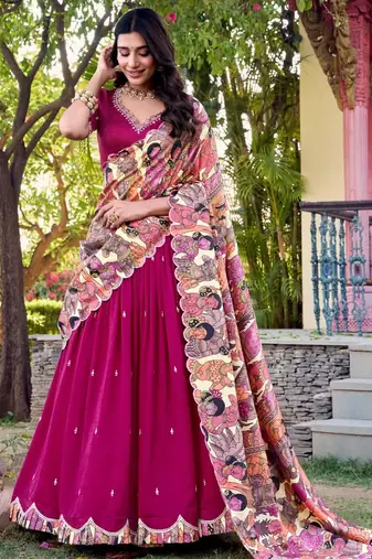 rani pink silk blend embroidered traditional lehenga choli
