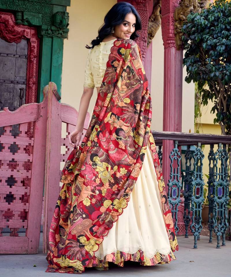 cream silk blend embroidered traditional lehenga choli