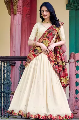 cream silk blend embroidered traditional lehenga choli