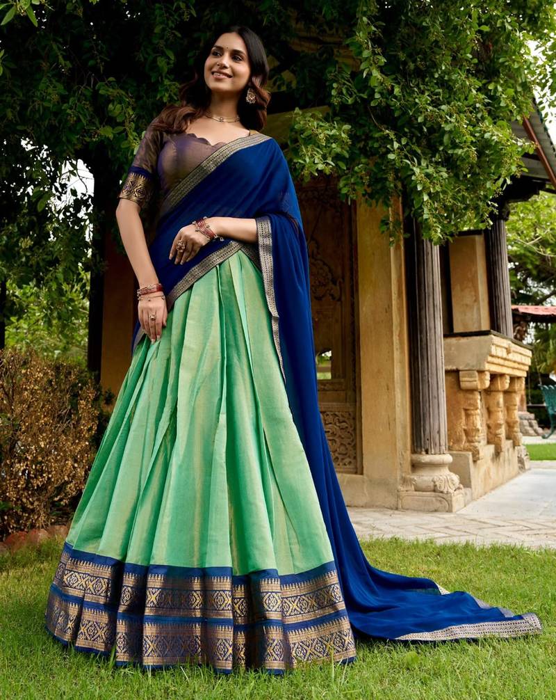 sea green silk blend woven traditional lehenga choli