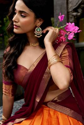 orange silk blend woven traditional lehenga choli 2