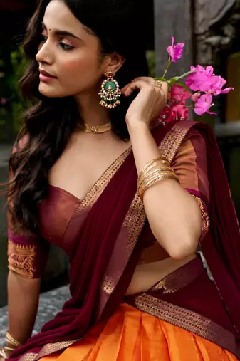 orange silk blend woven traditional lehenga choli
