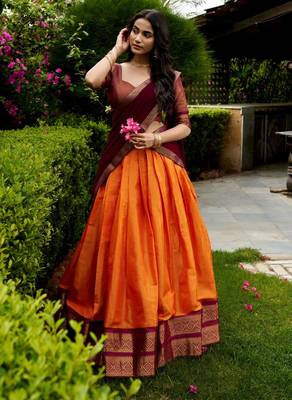 orange silk blend woven traditional lehenga choli 1