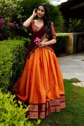 orange silk blend woven traditional lehenga choli