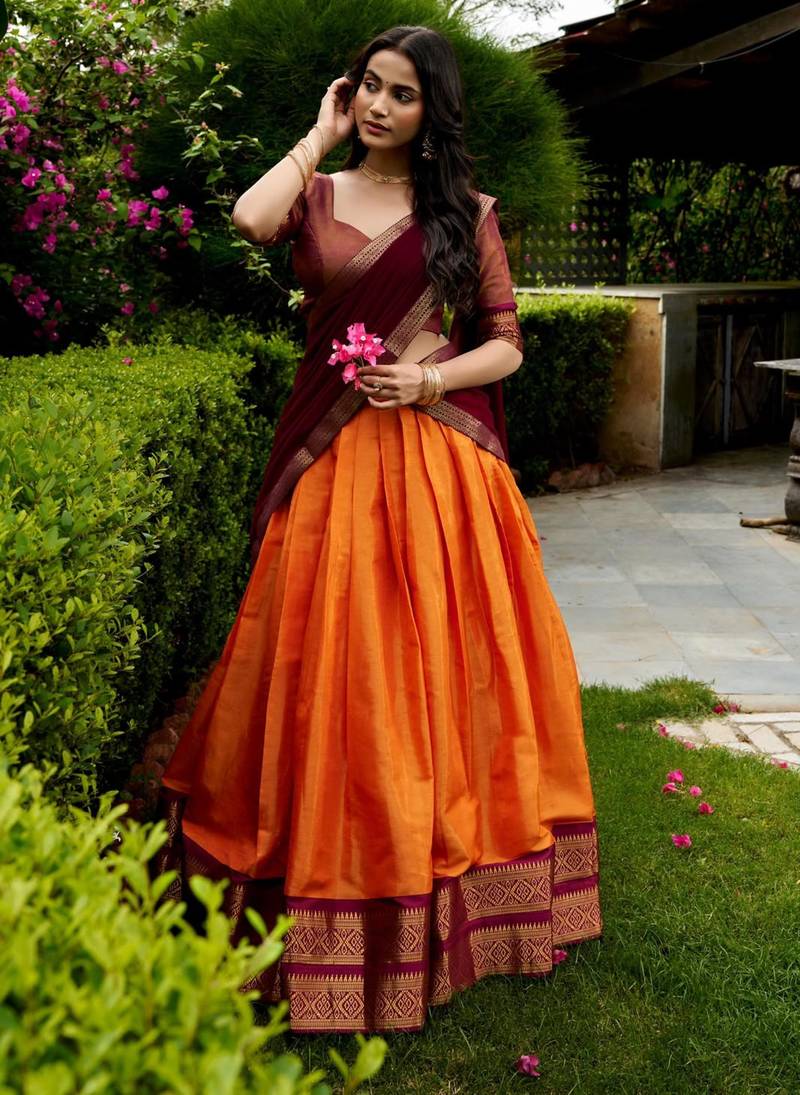 orange silk blend woven traditional lehenga choli