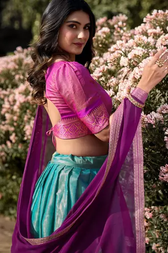 turquoise silk blend woven traditional lehenga choli