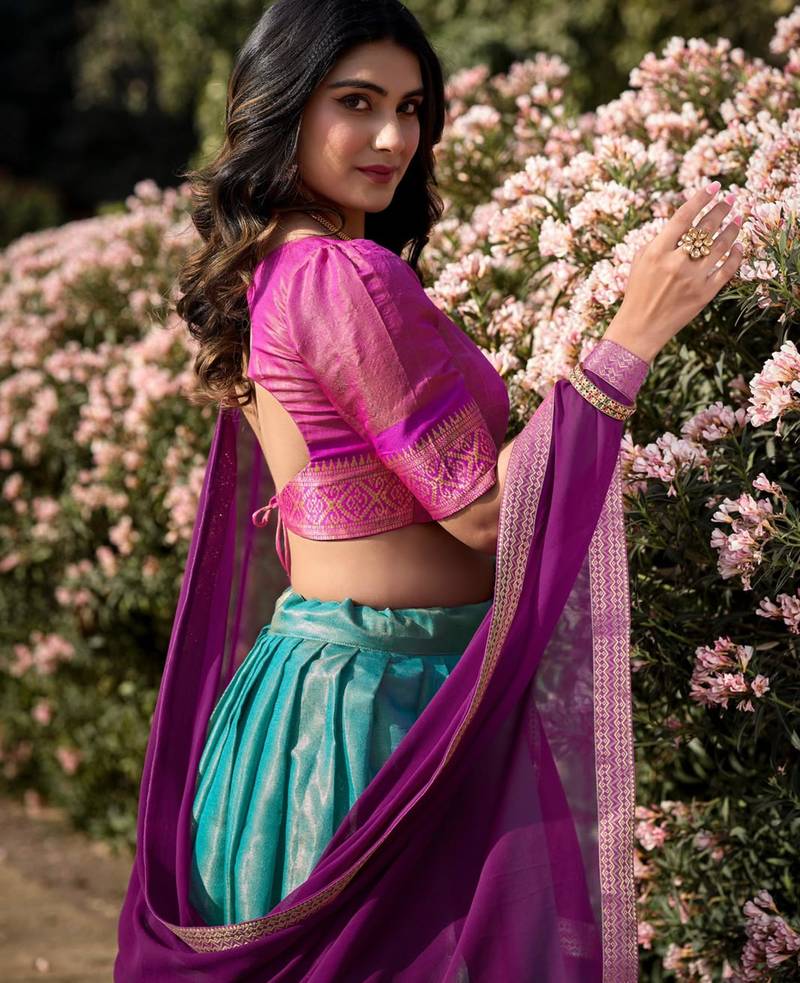 turquoise silk blend woven traditional lehenga choli