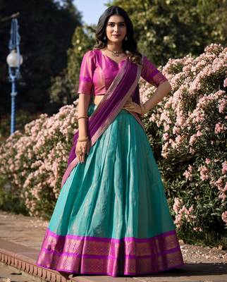 turquoise silk blend woven traditional lehenga choli 2