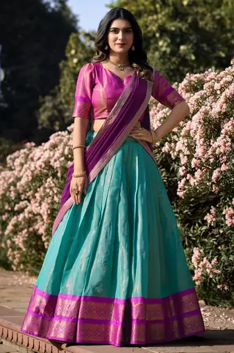 turquoise silk blend woven traditional lehenga choli