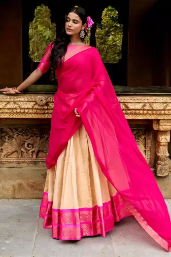 beige silk blend woven traditional lehenga choli