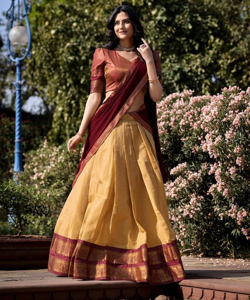 beige silk blend woven traditional lehenga choli