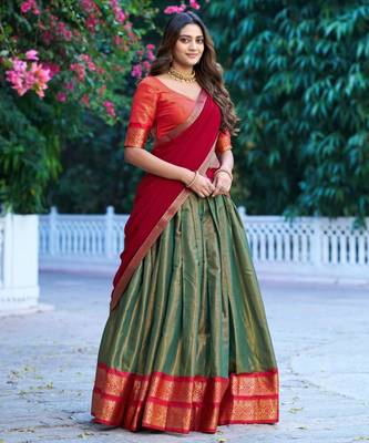 dark green silk blend woven traditional lehenga choli 1