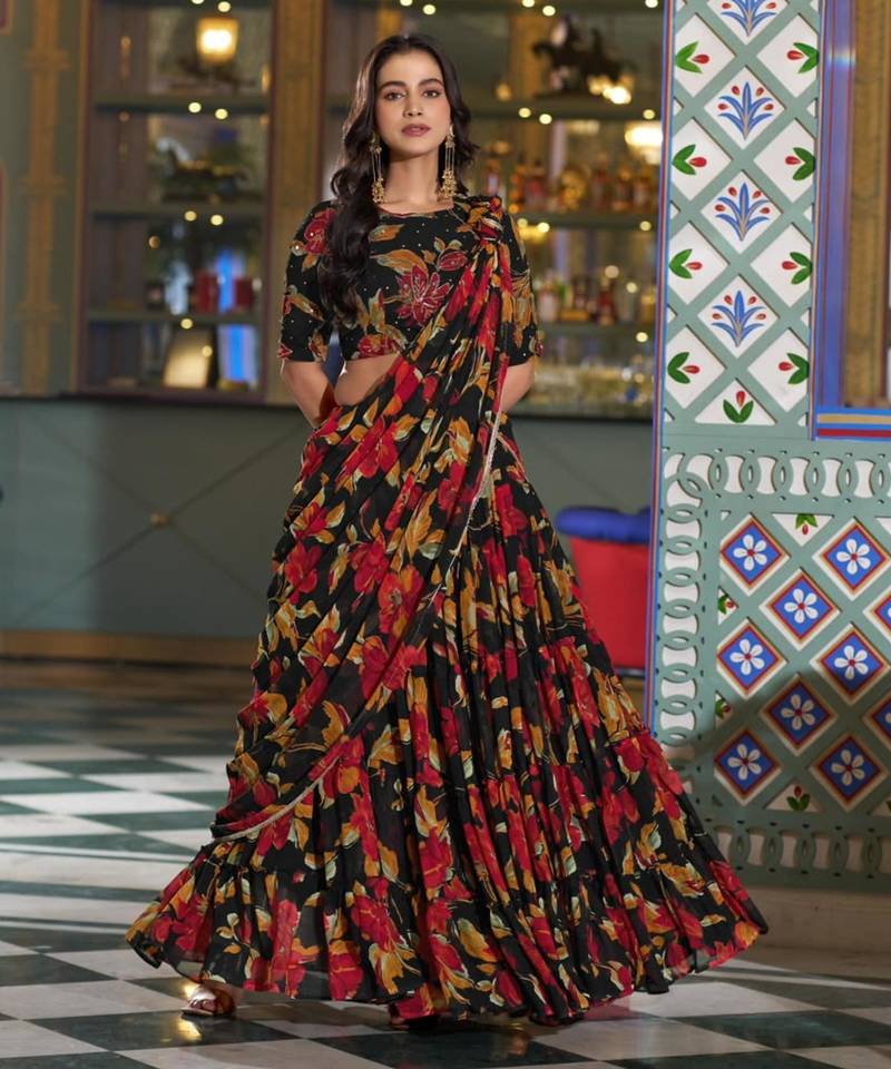 black crepe printed traditional lehenga choli