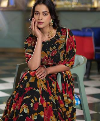 black crepe printed traditional lehenga choli 3