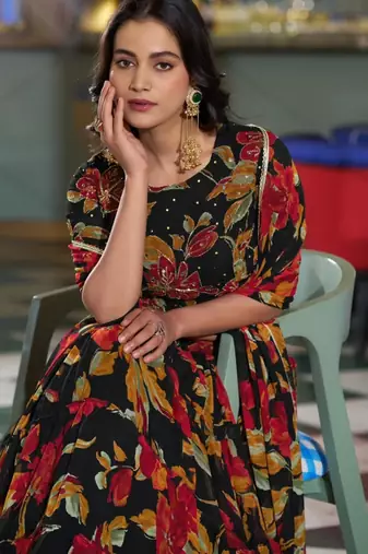 black crepe printed traditional lehenga choli