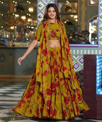 mustard crepe printed traditional lehenga choli 1