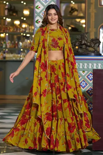 mustard crepe printed traditional lehenga choli
