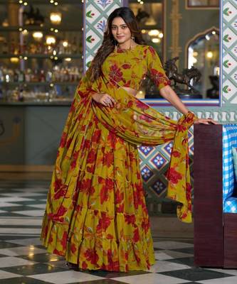 mustard crepe printed traditional lehenga choli 2