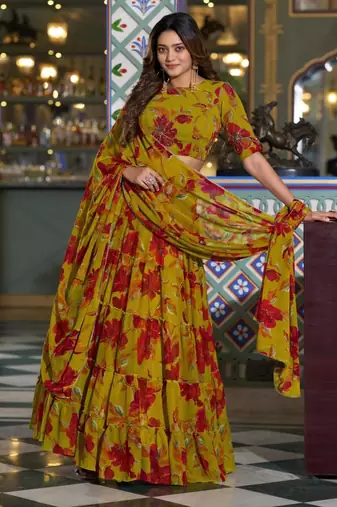 mustard crepe printed traditional lehenga choli