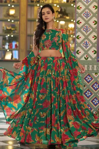 green crepe printed traditional lehenga choli