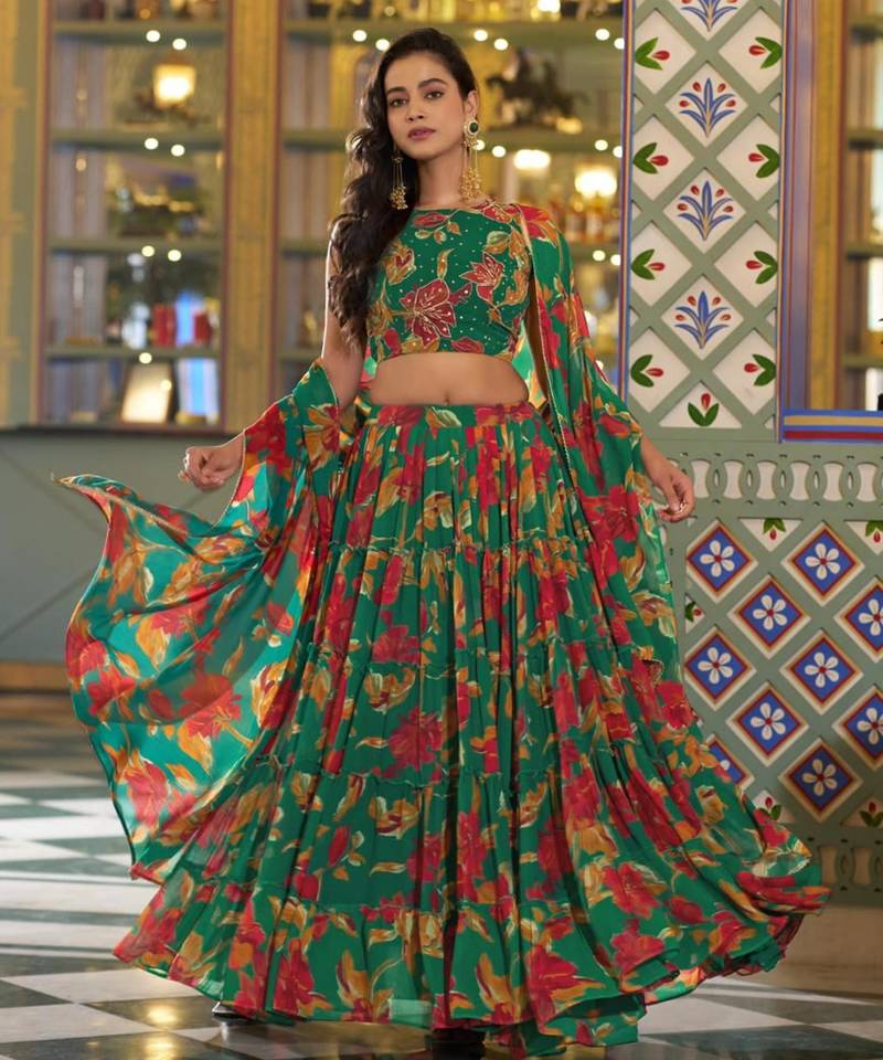green crepe printed traditional lehenga choli